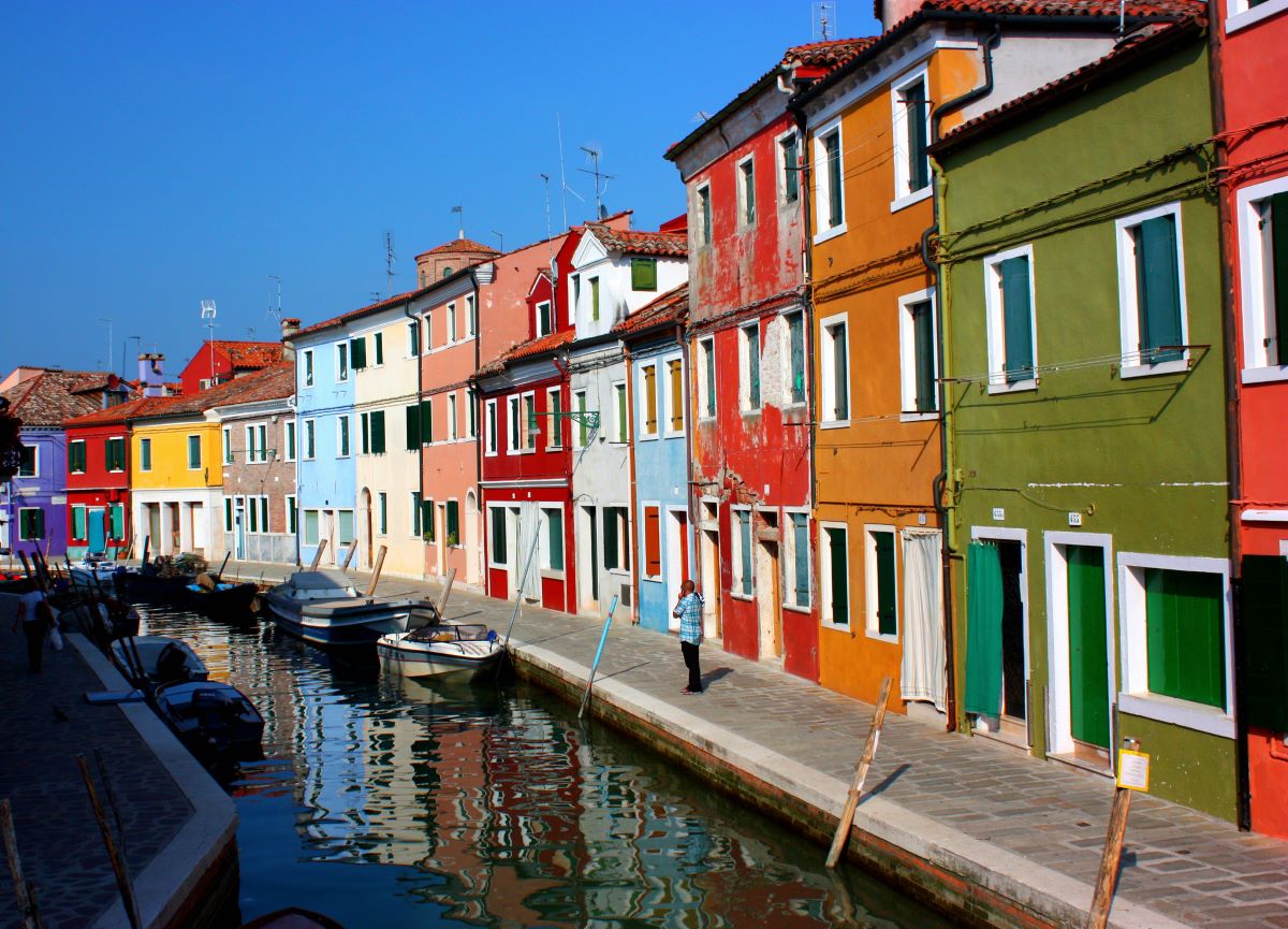colorful houses riverside in Burano Venice