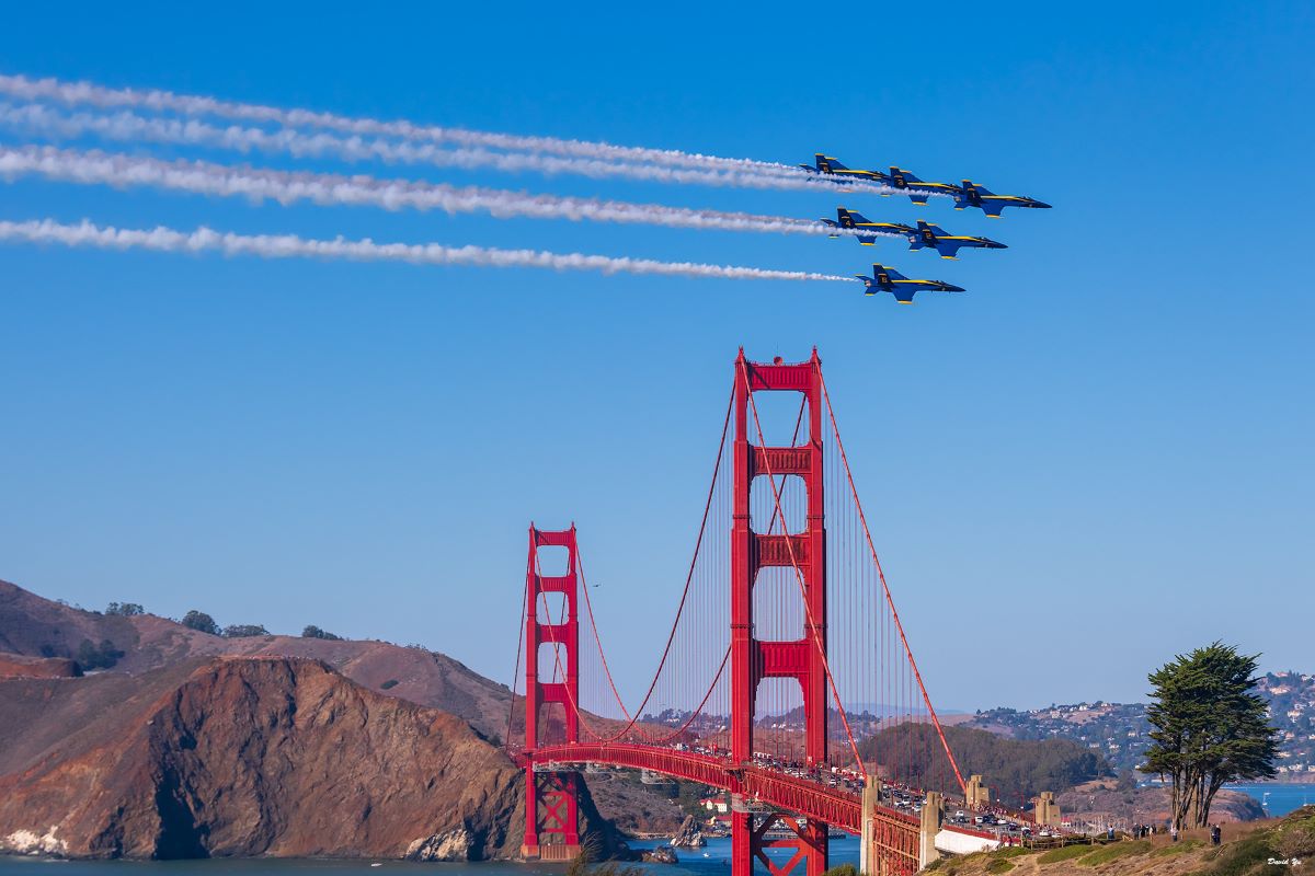 fighter jets flying over San Francisco bridge