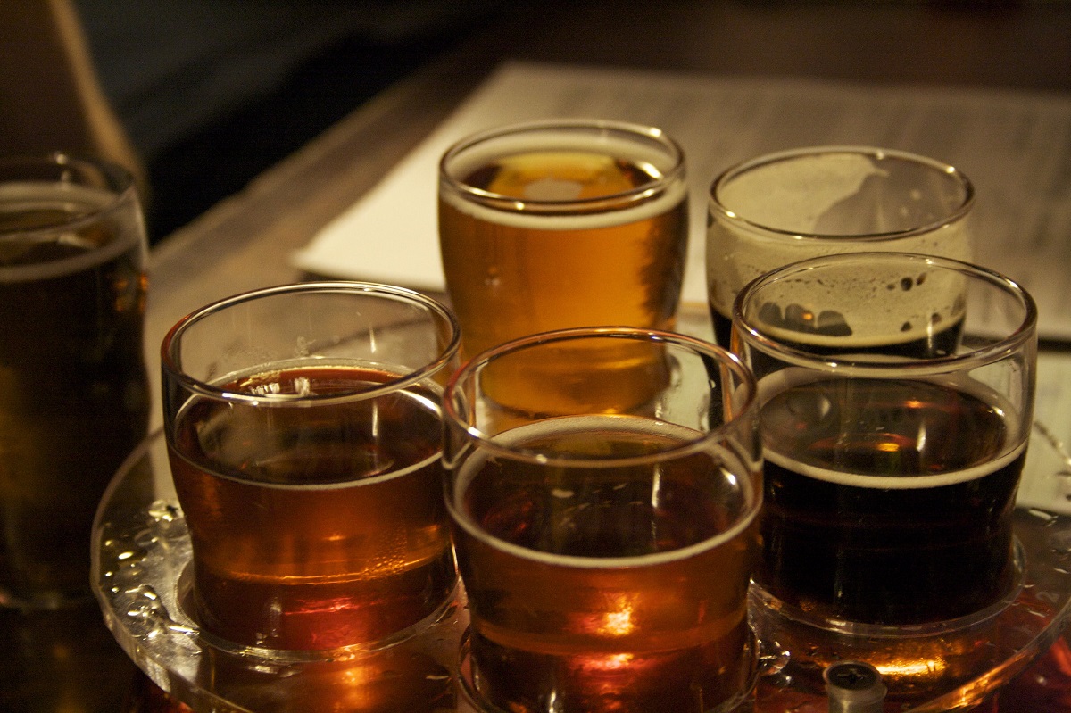 A flight of light, medium, and dark-bodied beers