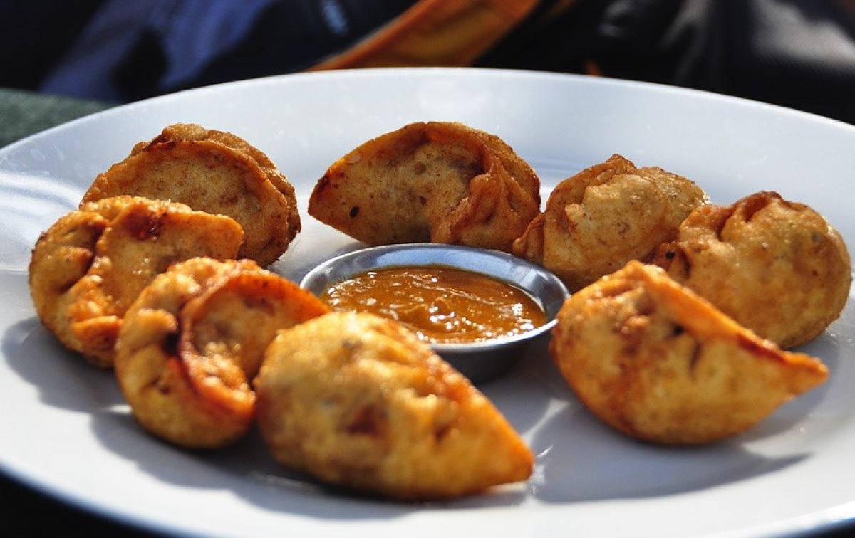 fried dumplings on white plate with sauce