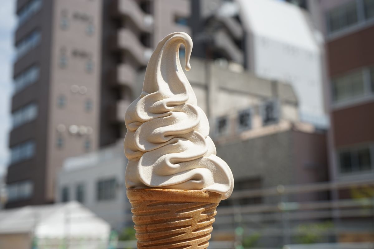 soft ice in cone with urban background