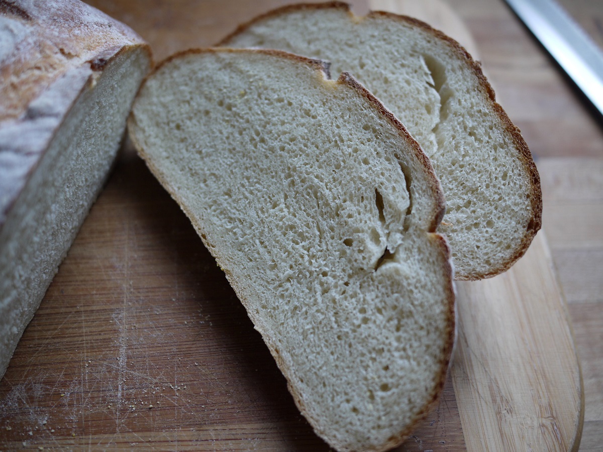 dense crumb in slices of unalted Tuscan bread