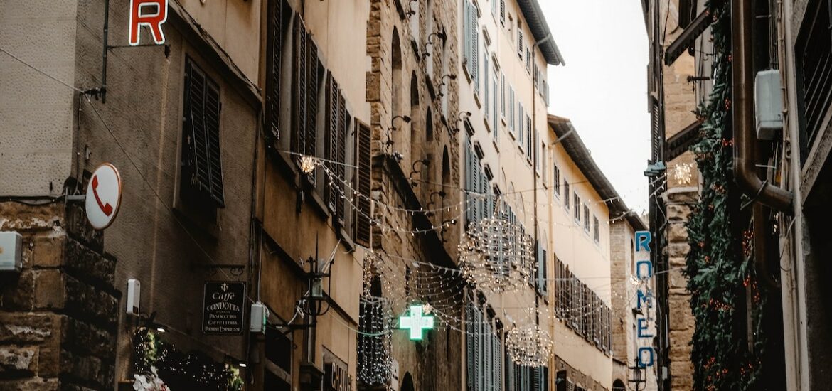 Narrow pedestrian street in the historic center of Florence, Italy