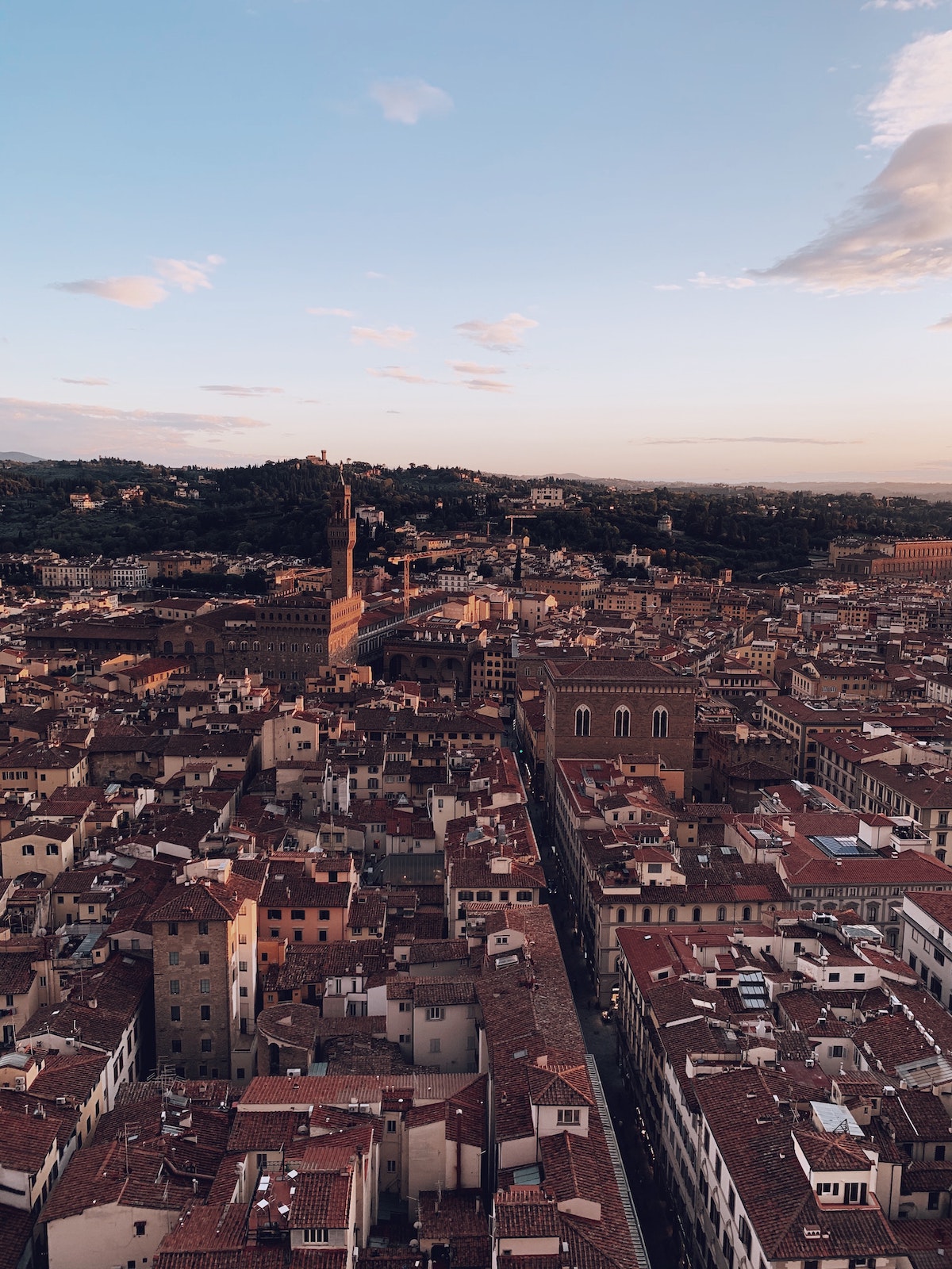 Aerial shot of the historic center of Florence, Italy at sunset