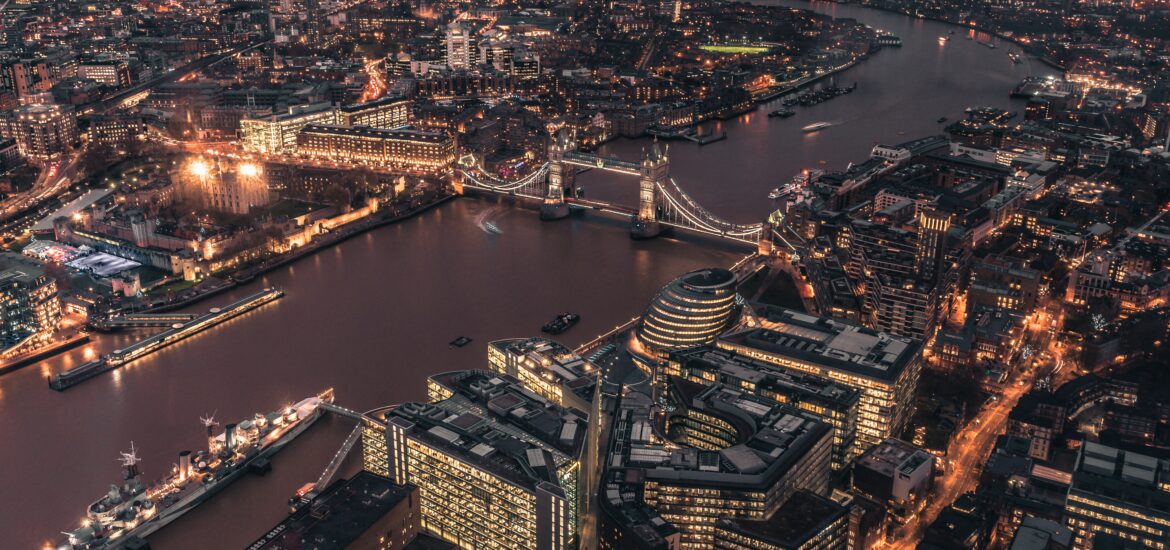 Ariel shot of Tower Bridge and the River Thames at night