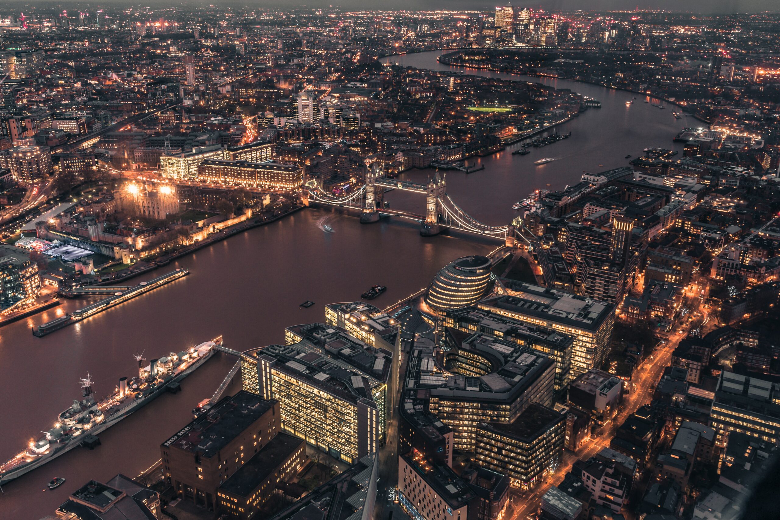 Ariel shot of Tower Bridge and the River Thames at night