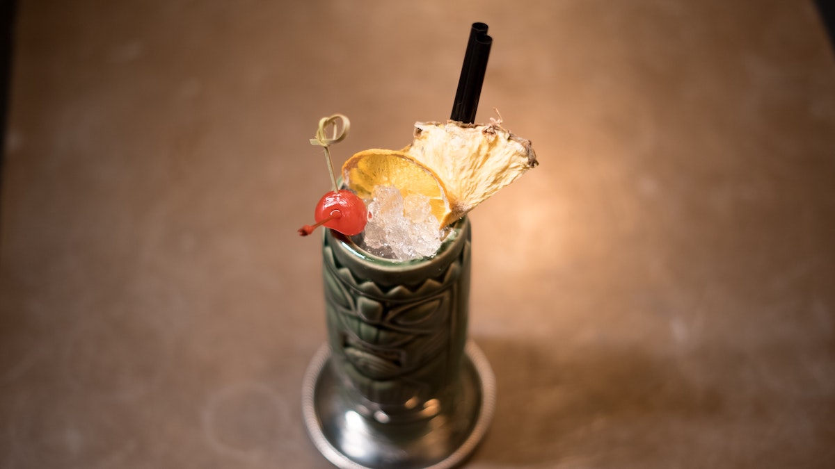 Close up of a tiki cocktail