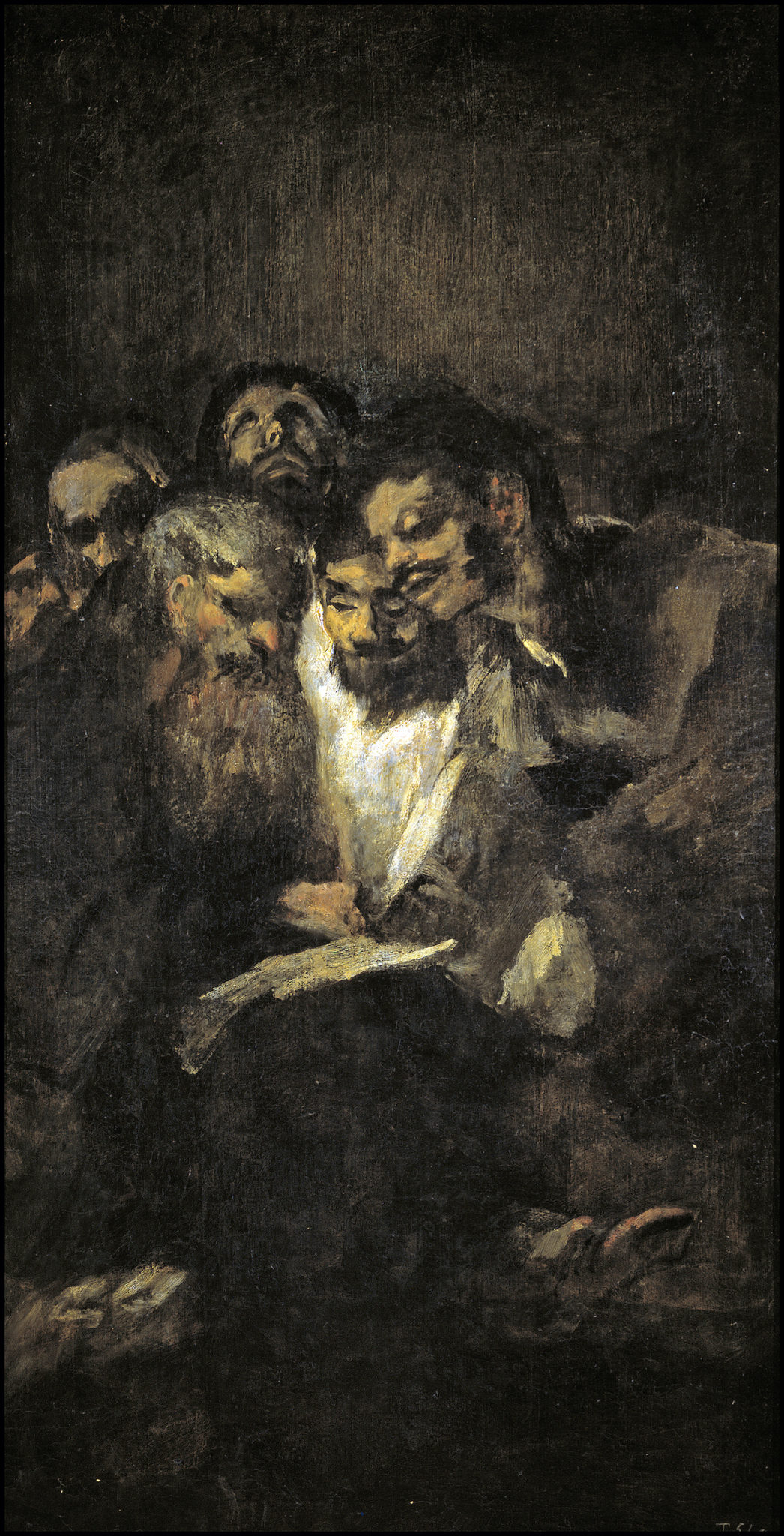 Oil on canvas painting of a group of men reading by Goya.