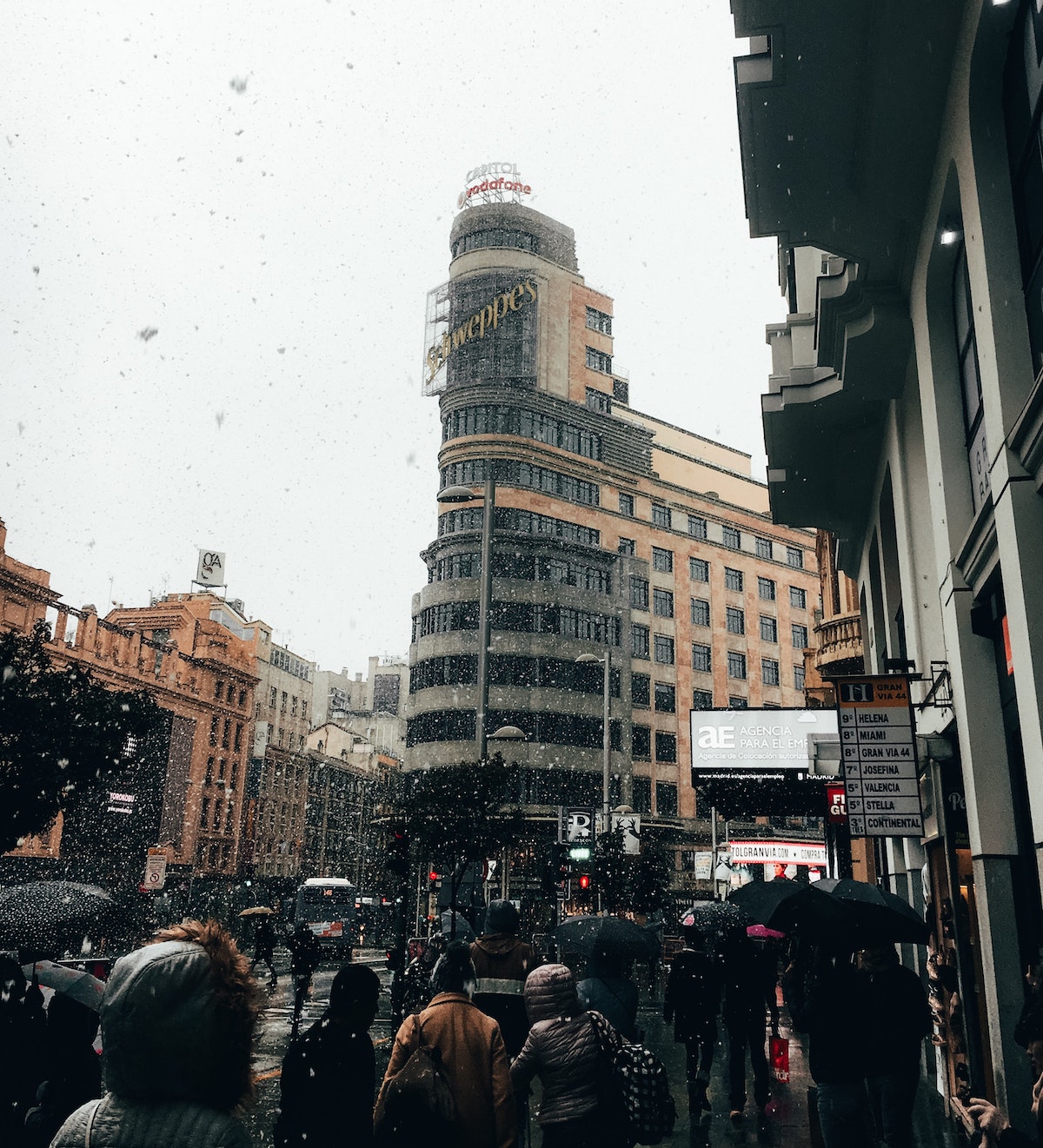 People walking with umbrellas on a busy city street on a rainy day in Madrid.