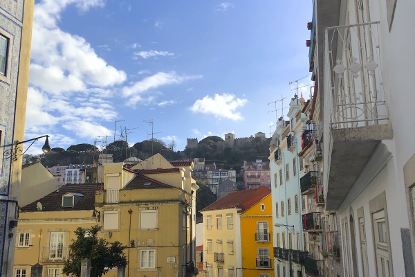 Castelo de Sao Jorge in Lisbon seen from the streets of Mouraria