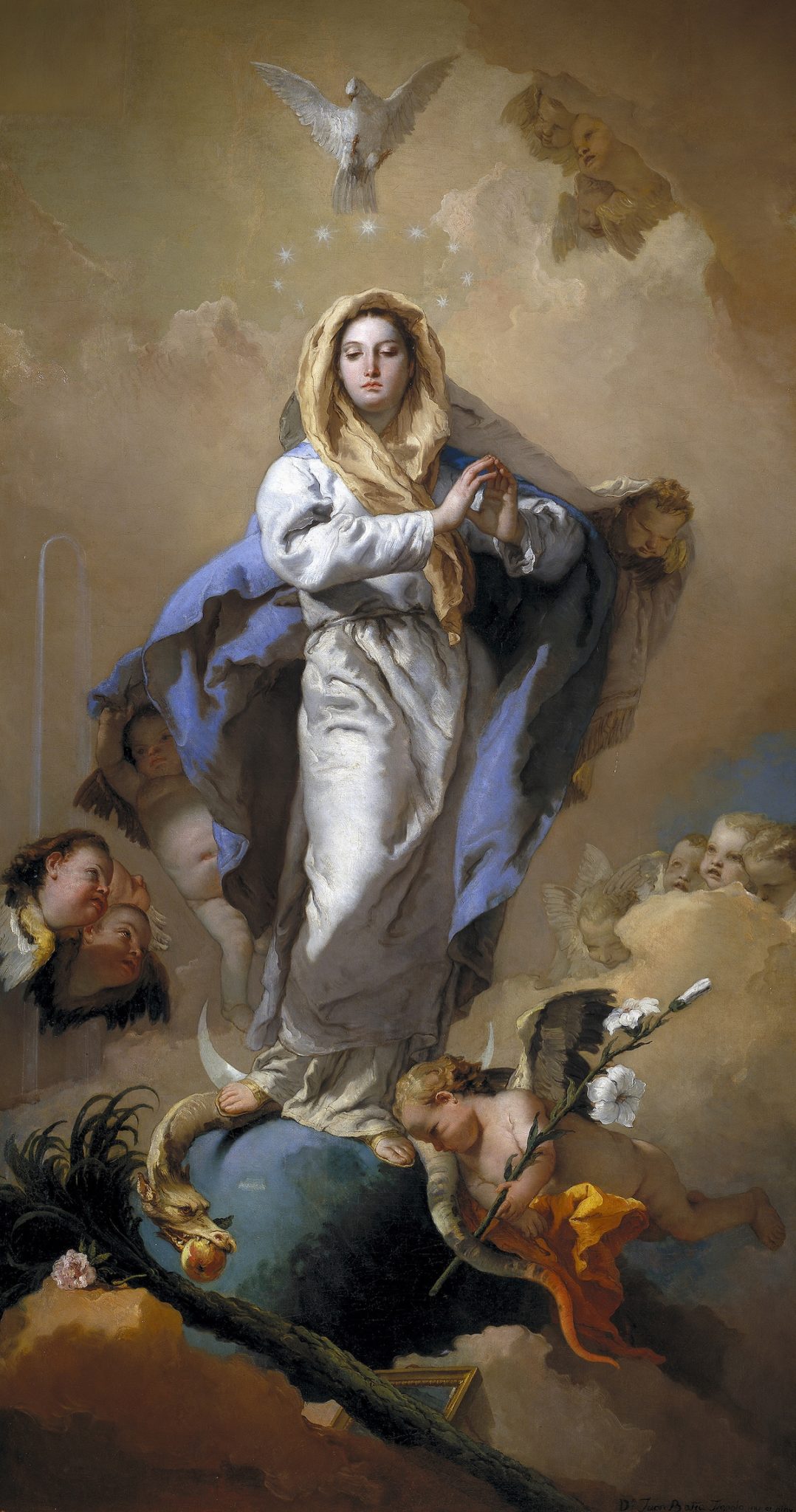 Oil on canvas painting of the Virgin Mary surrounded by angels