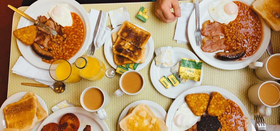 Photo of English breakfast spread from above