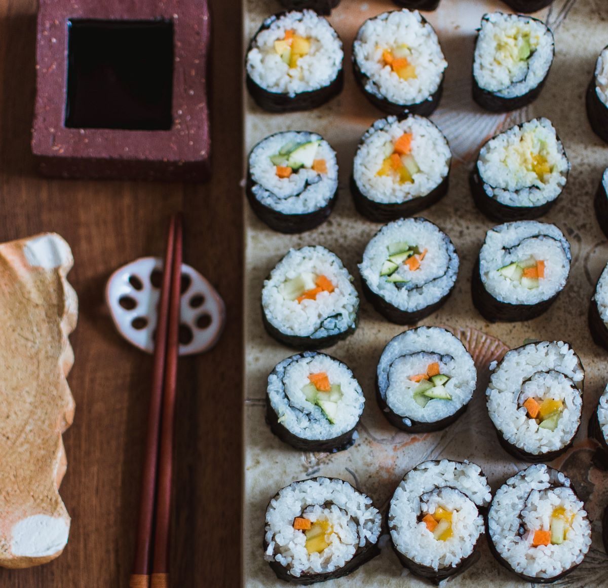 Vegan sushi and chopsticks