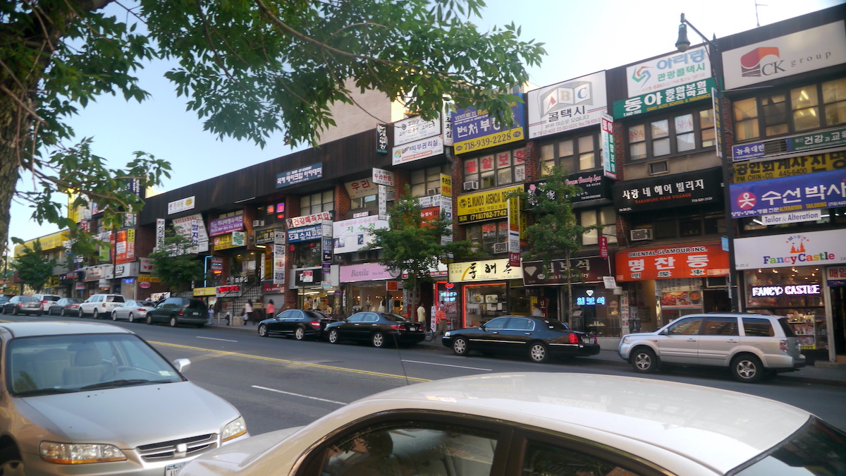Buildings with Korean-language signs in Queens, New York