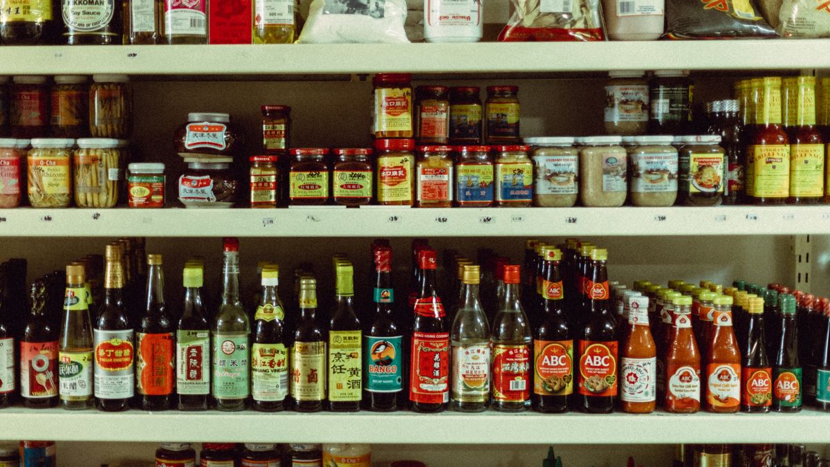 Asian grocer condiments including soy sauce