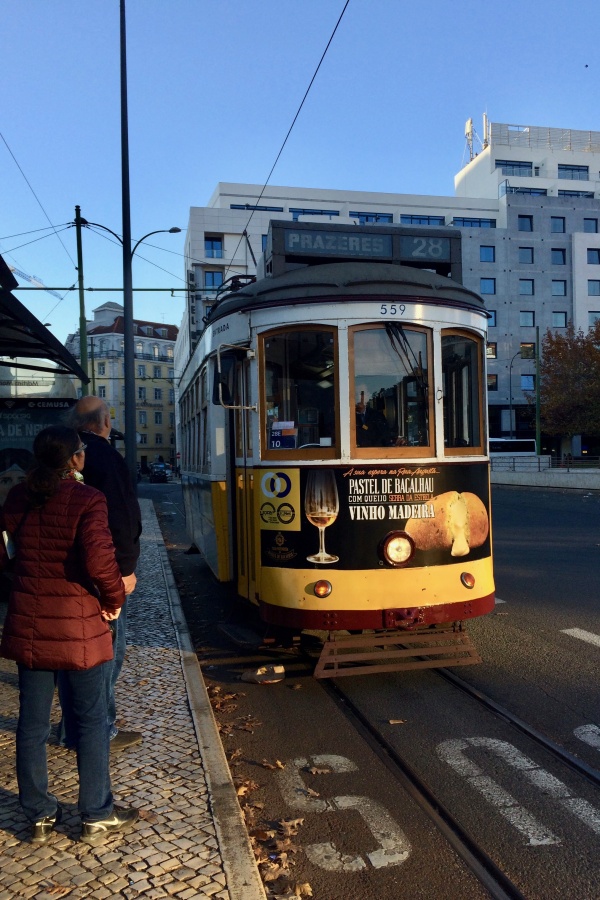 Lisbon Tram 28 stop in Martim Moniz early in the morning