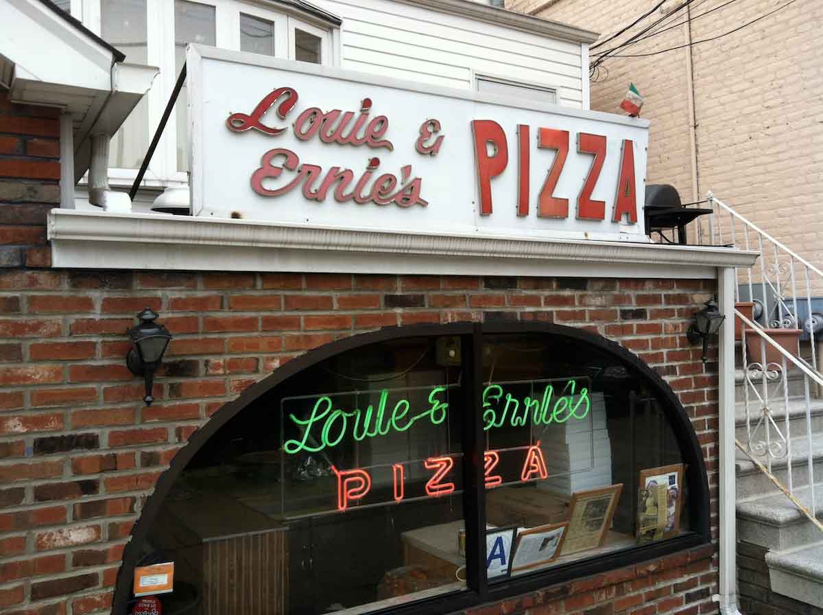 Exterior of Louie & Ernie's Pizza in the Bronx, NYC