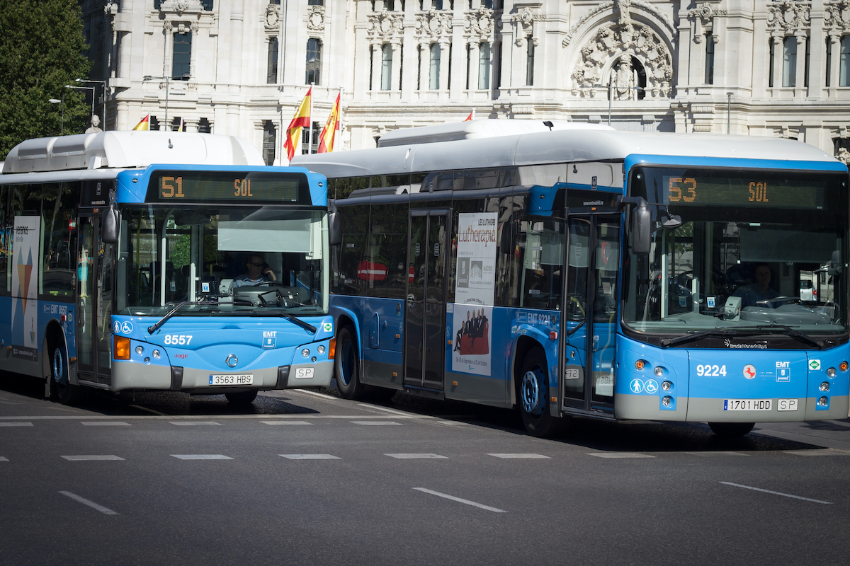 Two blue city buses on the road in Madrid.