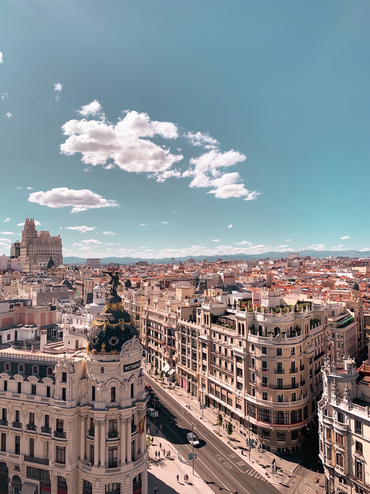 Overhead view of Gran Via street in Madrid city center.