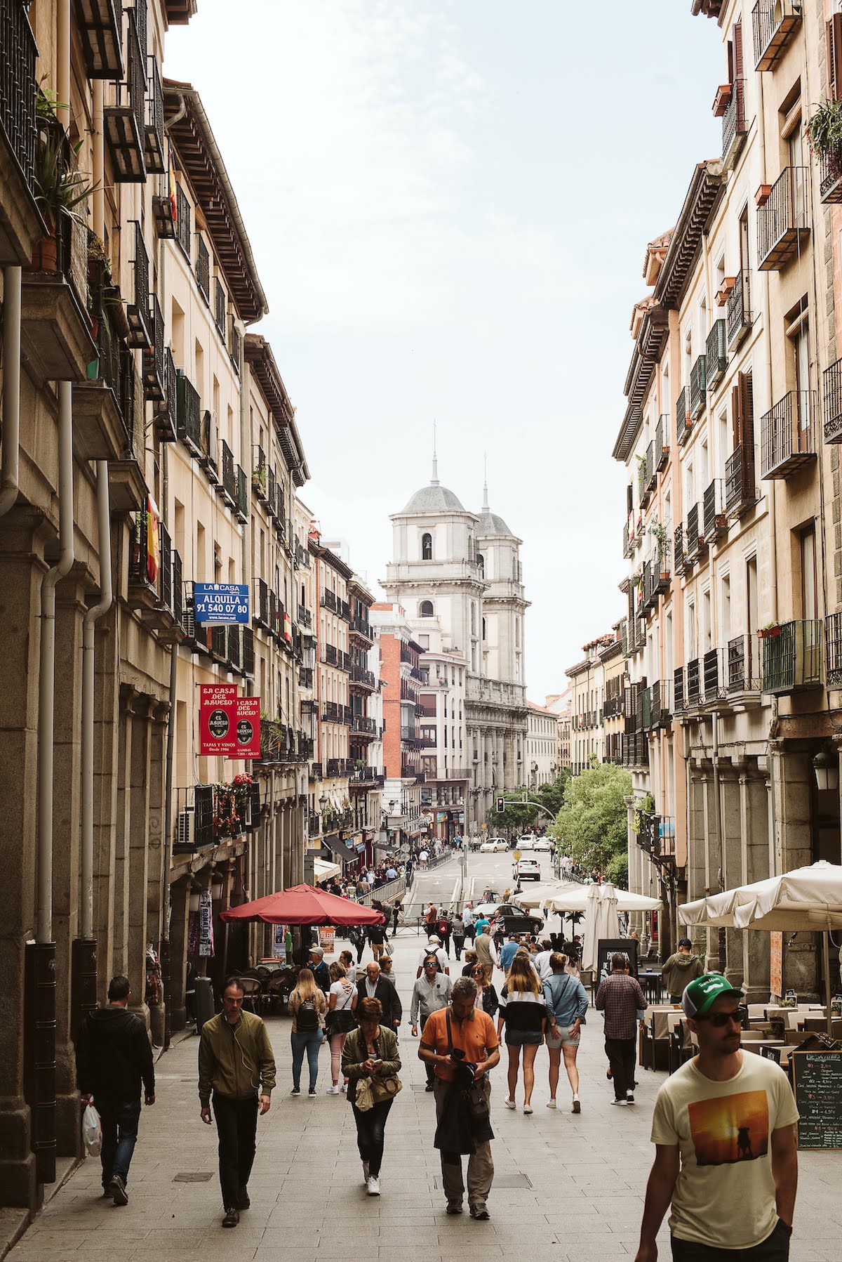 A busy pedestrian street in downtown Madrid, Spain.