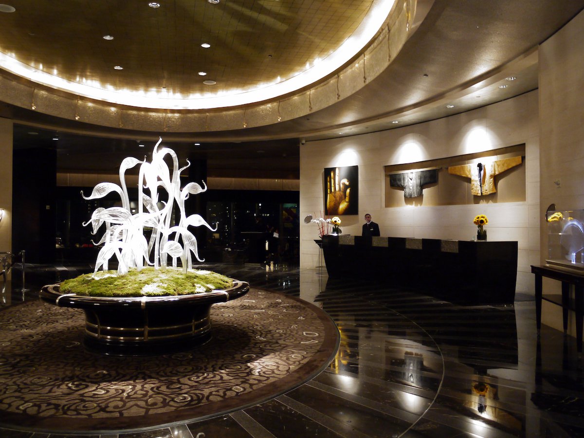 Lobby at the Mandarin Oriental hotel in NYC with modern sculptures
