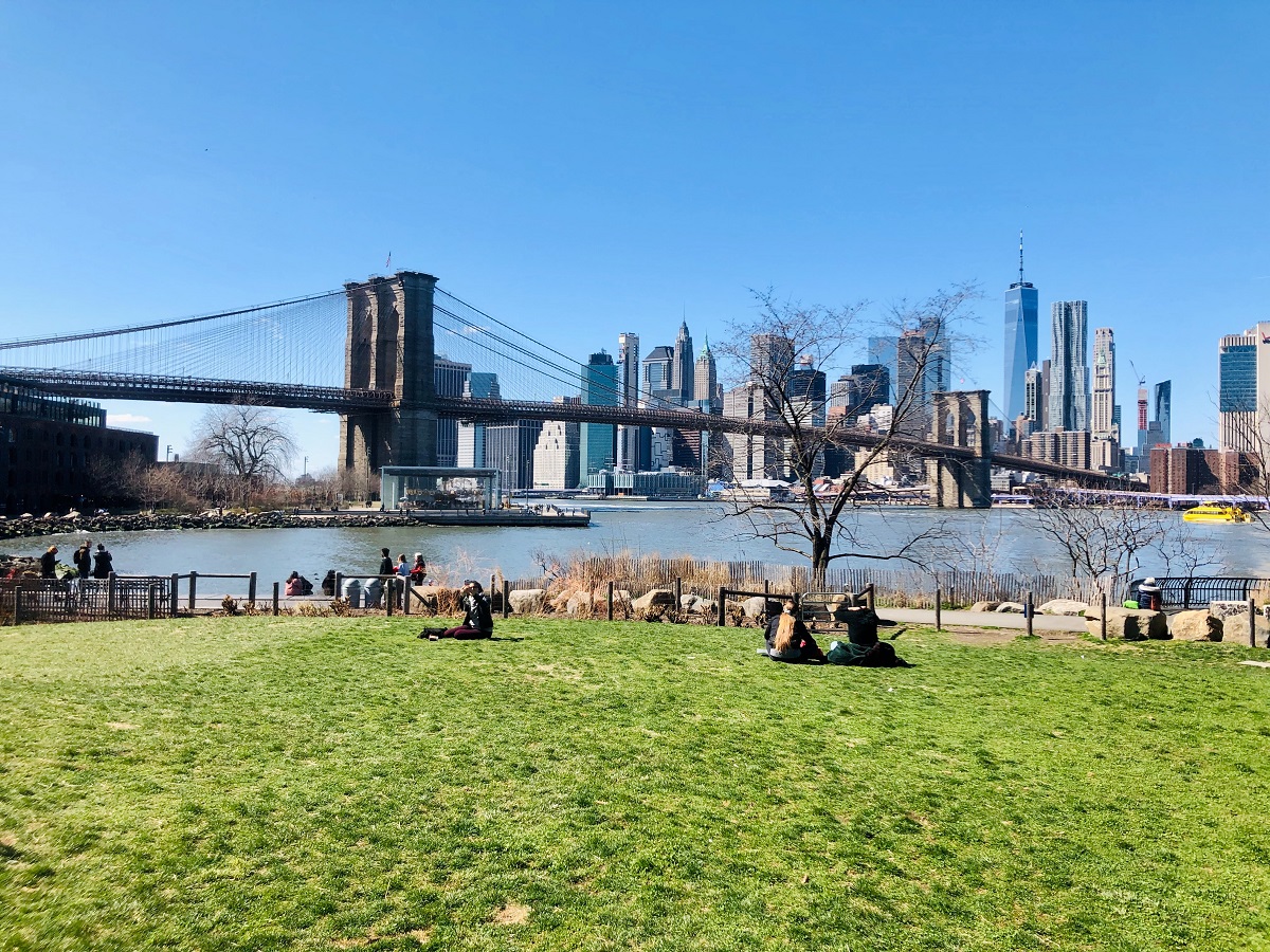 Small groups of people hang out on a green space by a waterfront with the Brooklyn Bridge in the background