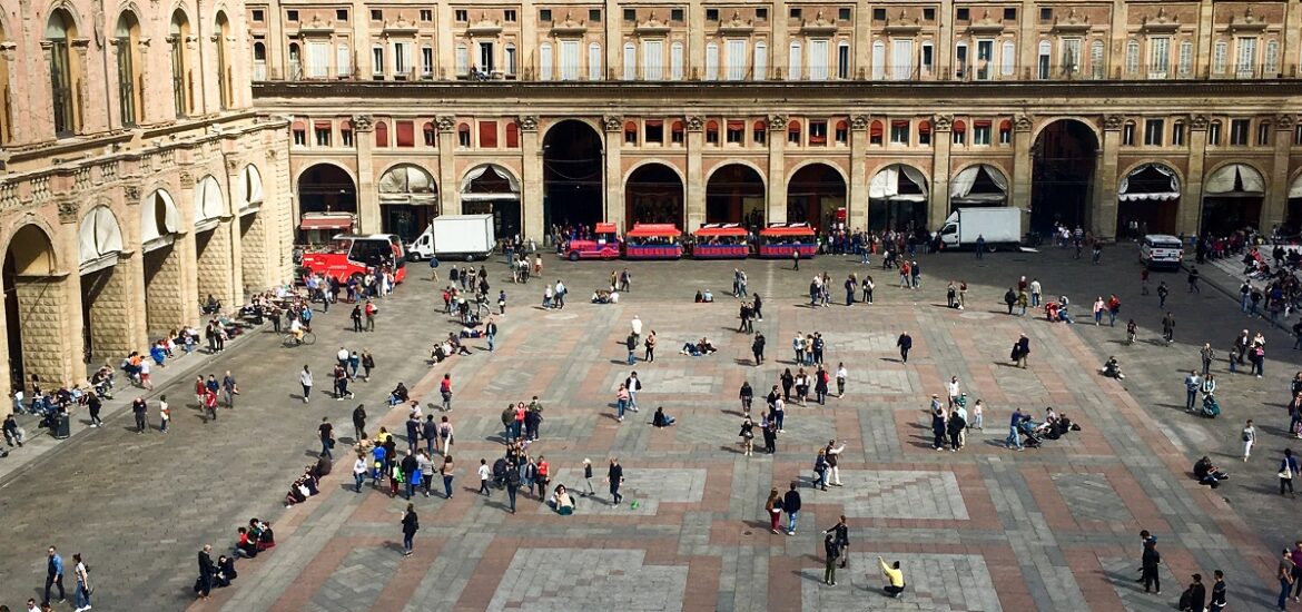 Main square in Bologna, Italy, as seen from above