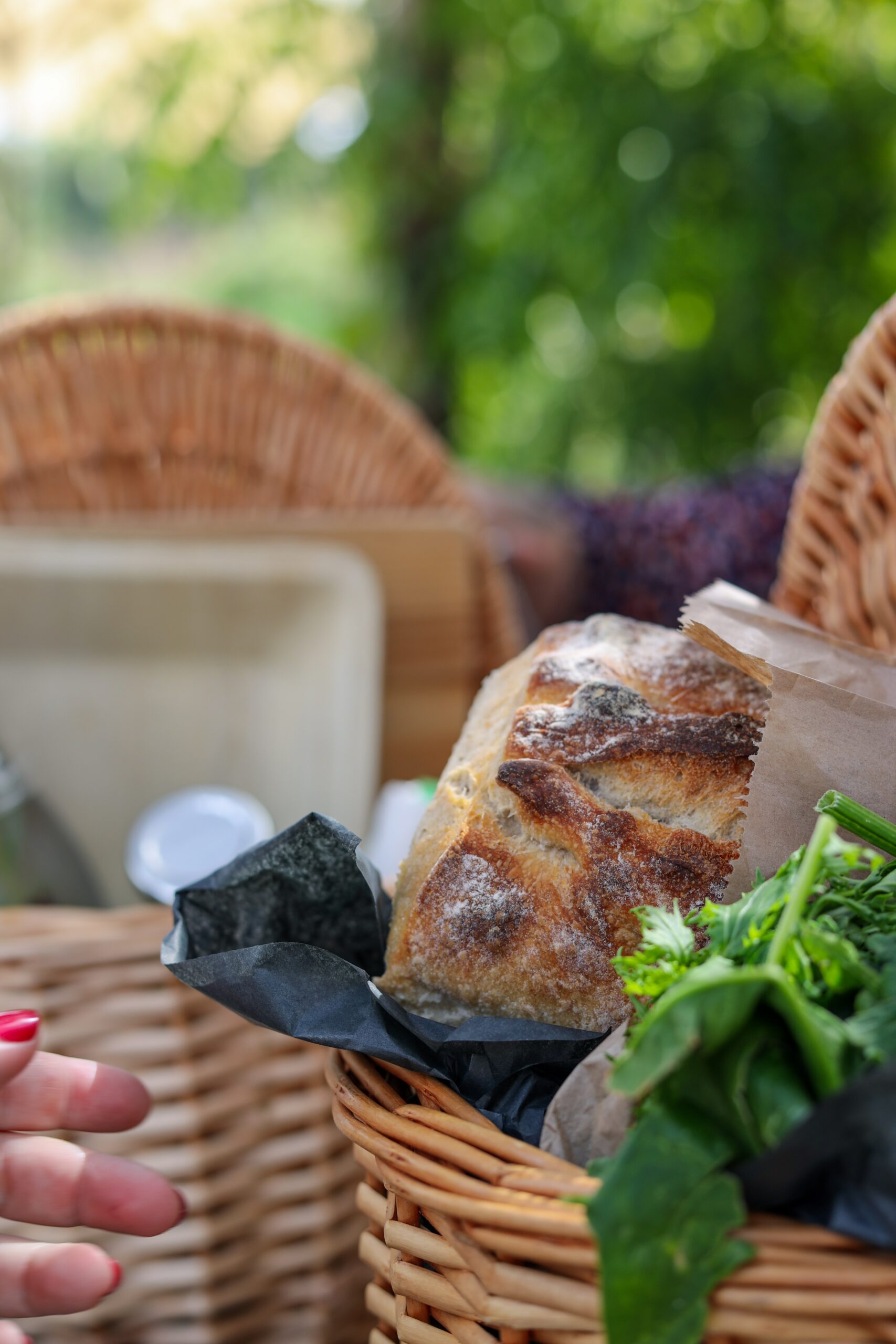 picnic basket filled with bread and salad