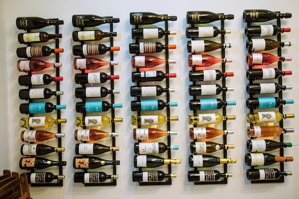 Bottles of wine on a rack