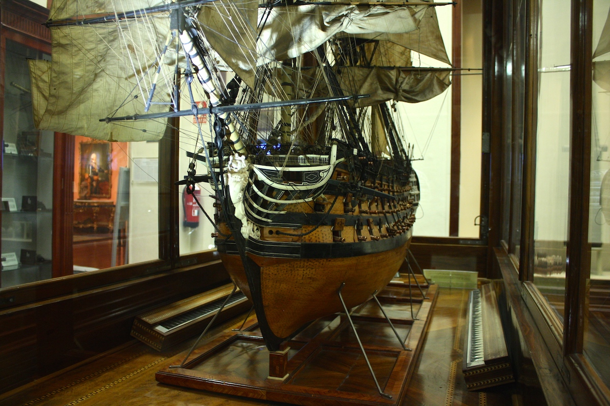 Scale model of an old-fashioned ship on display at the naval museum in Madrid