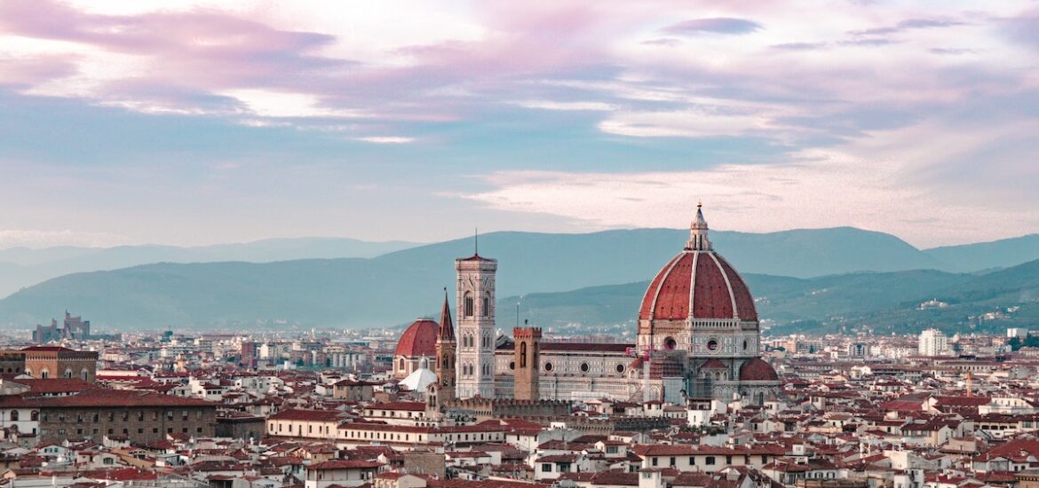 Aerial view of the Florence skyline, with the main cathedral Santa Maria del Fiore in the center.