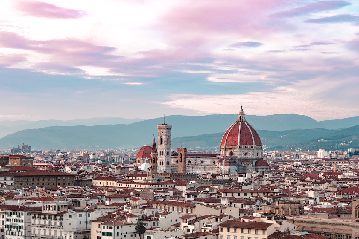 Aerial view of the Florence skyline, with the main cathedral Santa Maria del Fiore in the center.