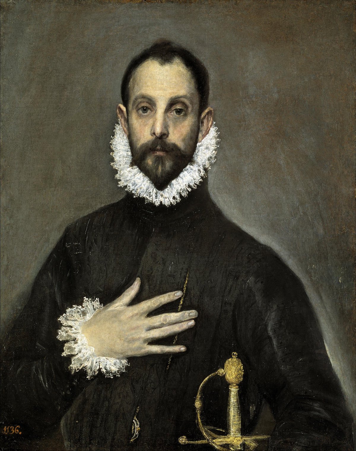 Oil on canvas El Greco portrait of a 16th century nobleman with his hand on his chest.