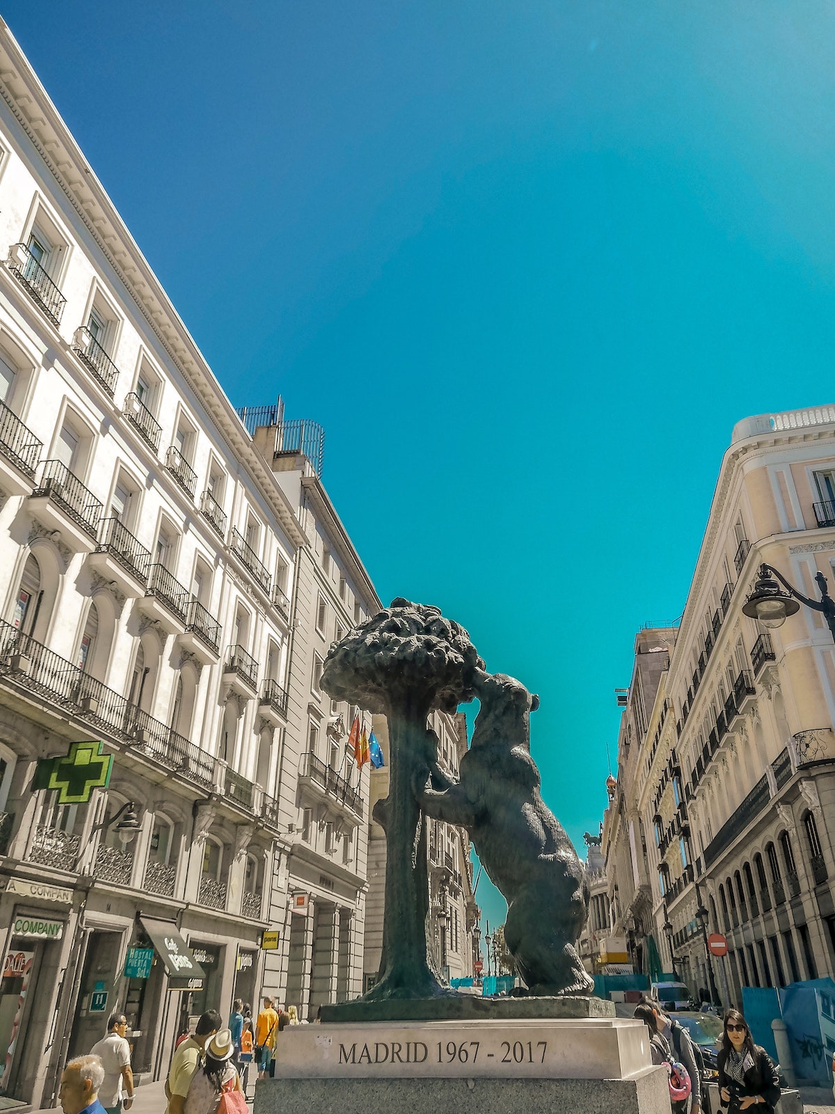 Statue of a bear eating from a strawberry tree in the Puerta del Sol square in Madrid.