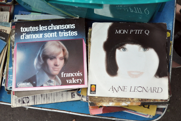 A stack of records for sale at one of the top Paris Sunday markets in Porte de Vanves.