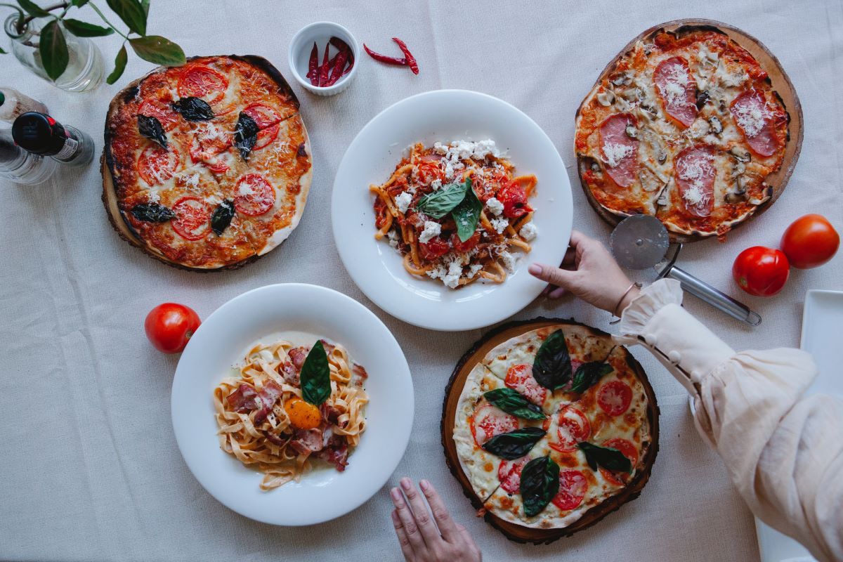 various pizzas and pastas