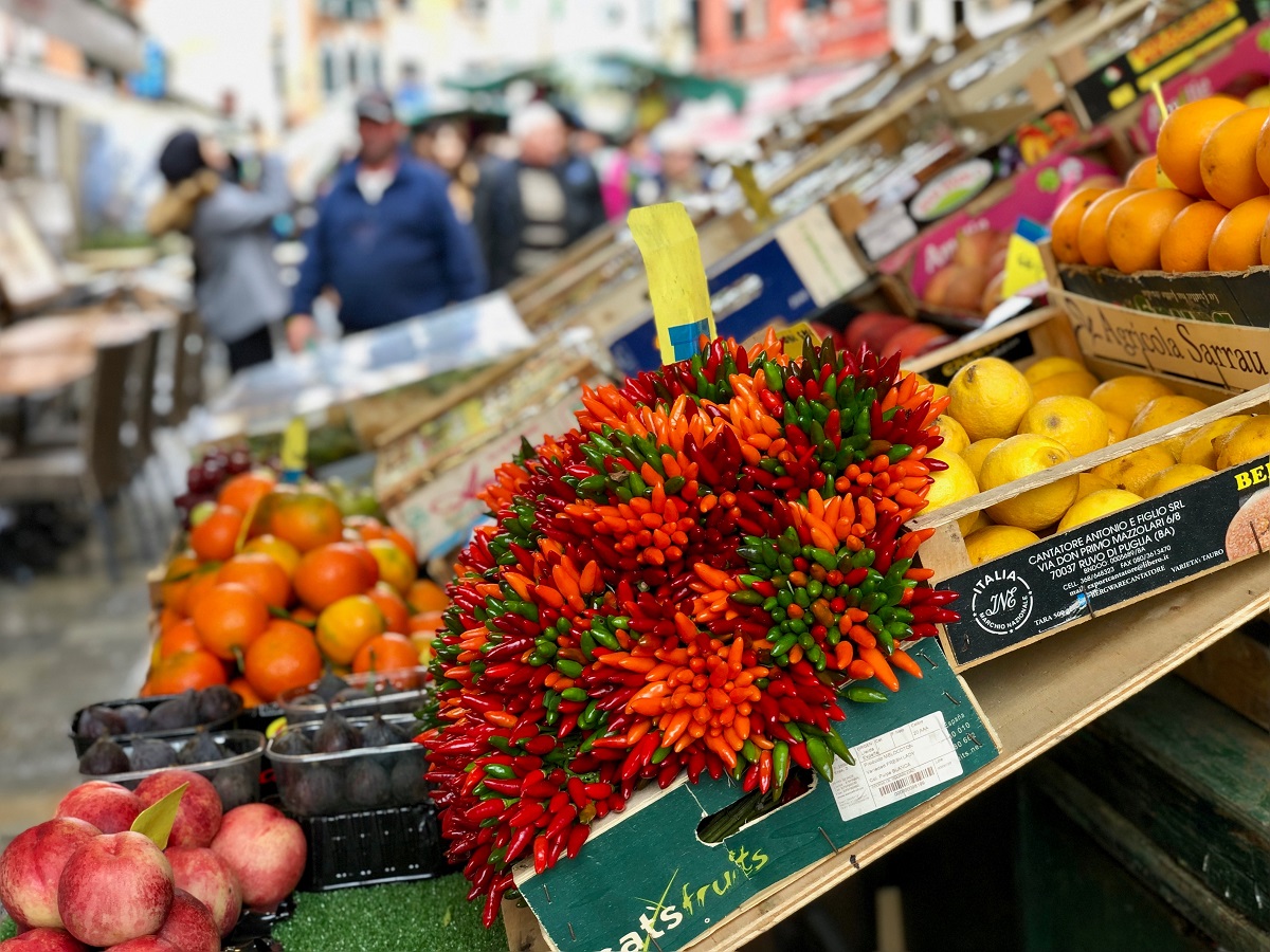 Food market in venice with fruits and vegetables on display