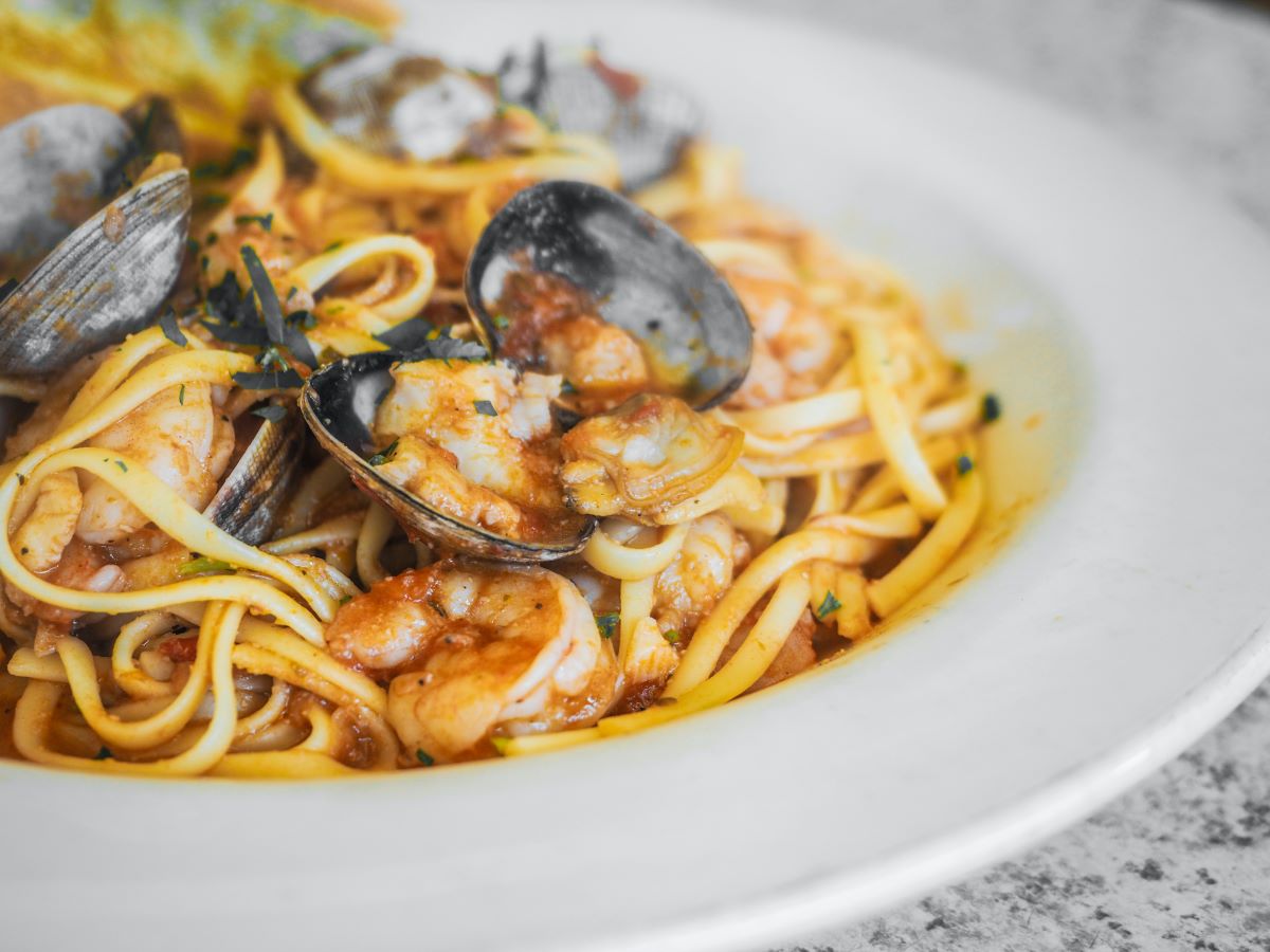 pasta with tomato sauce and shellfish