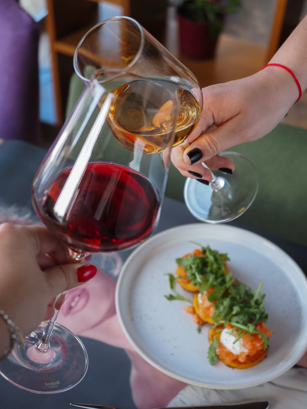 Red and white glasses of wine cheers salud saluti over a dish of nicely plated food