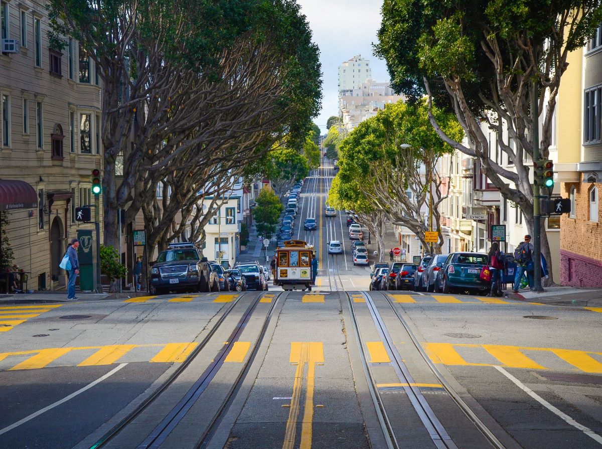 San Francisco street with crossway and cable car