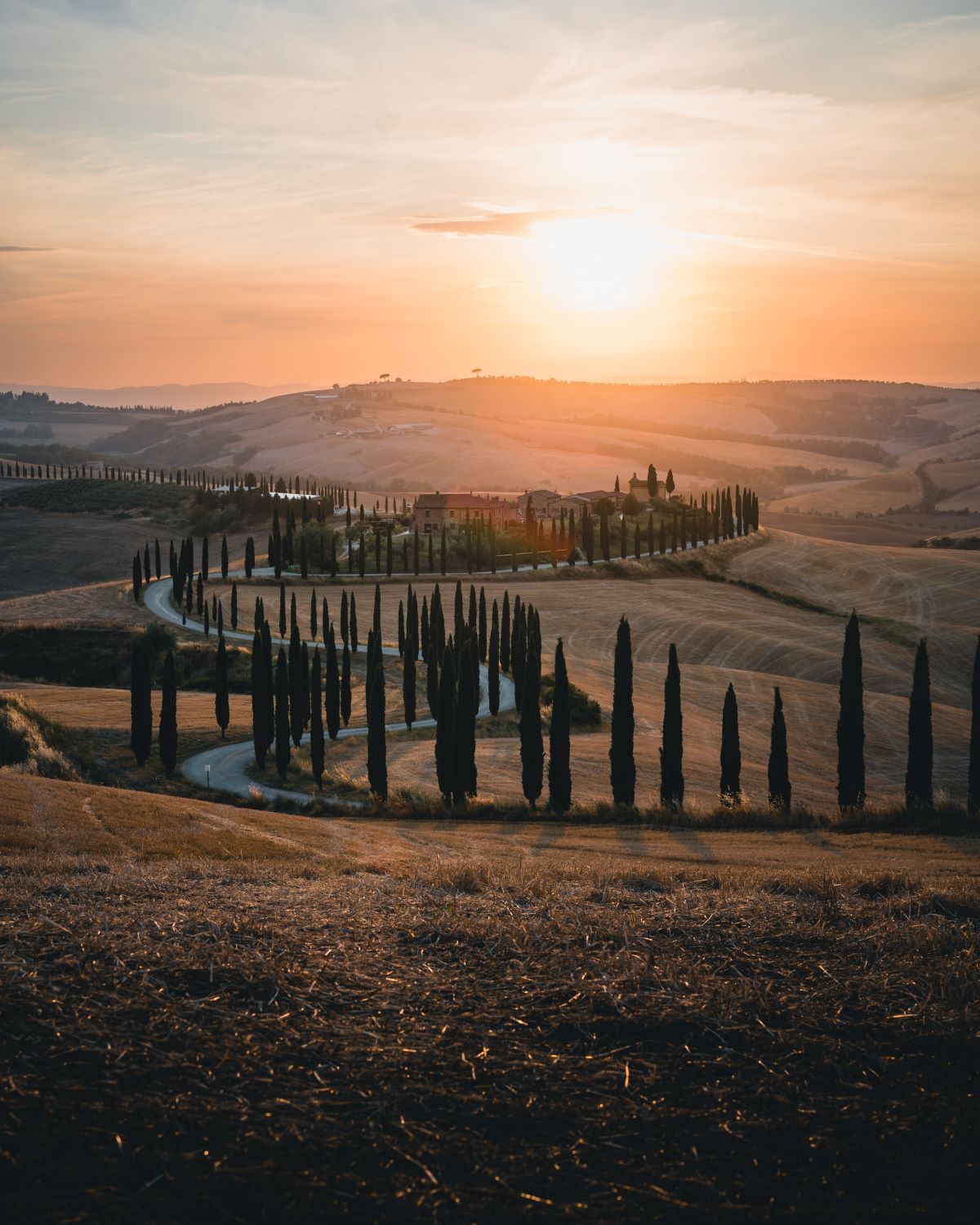 sunset over hills and winding roads