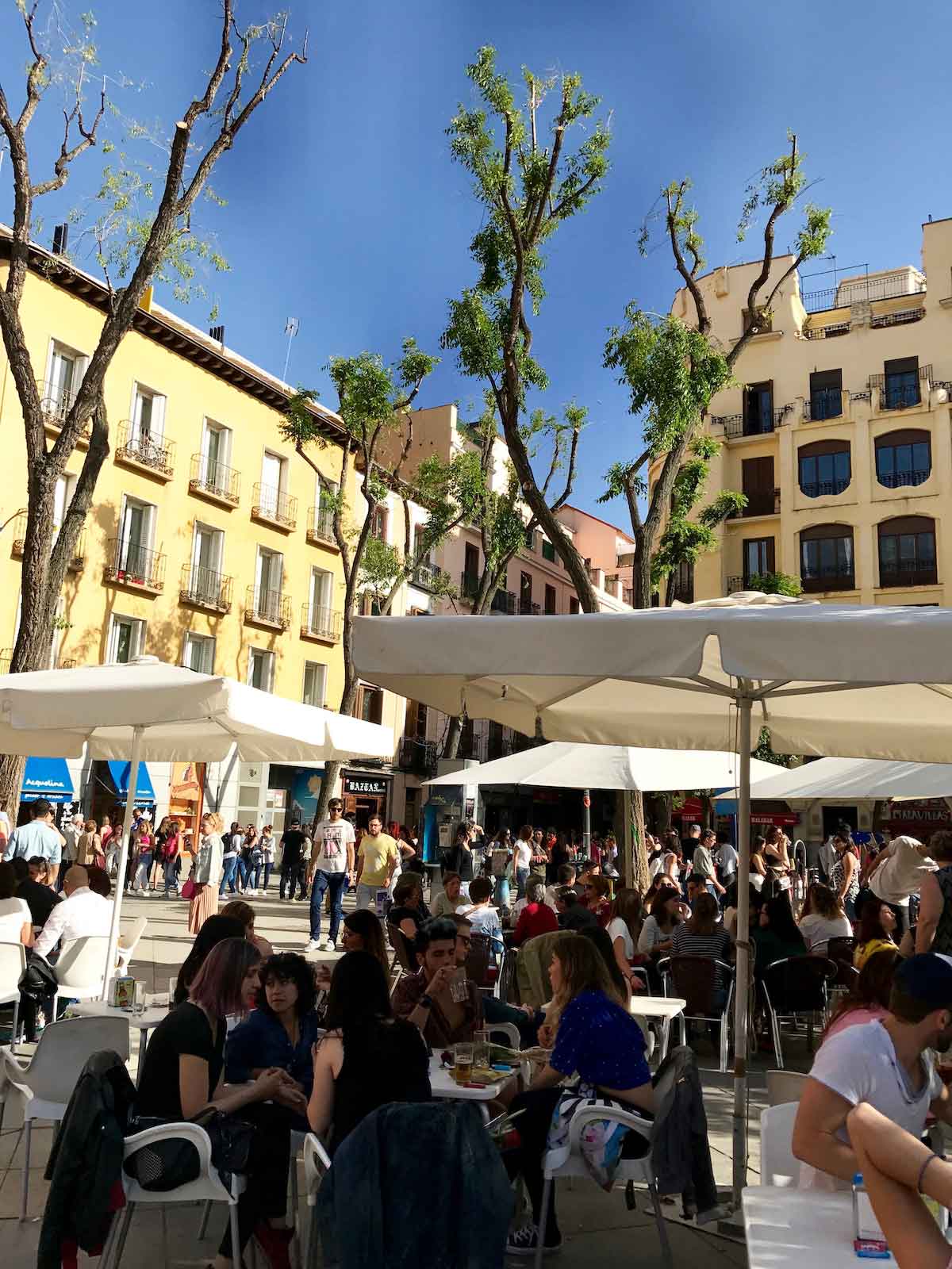 Tables full of people eating and drinking in an urban plaza on a sunny day