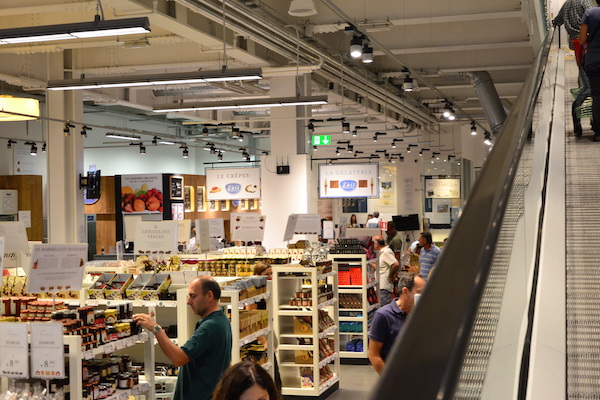 Interior of Eataly, a great place to stop on a rainy day in Rome.