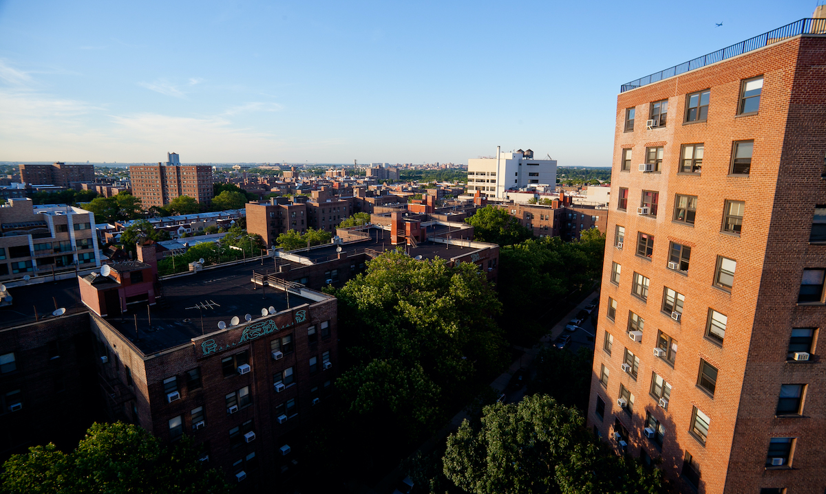 View of a residential neighborhood in Queens from up above on a clear afternoon