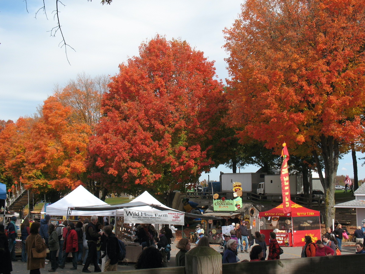 Trees with leaves changing color in the fall with a small village festival taking place in the foreground