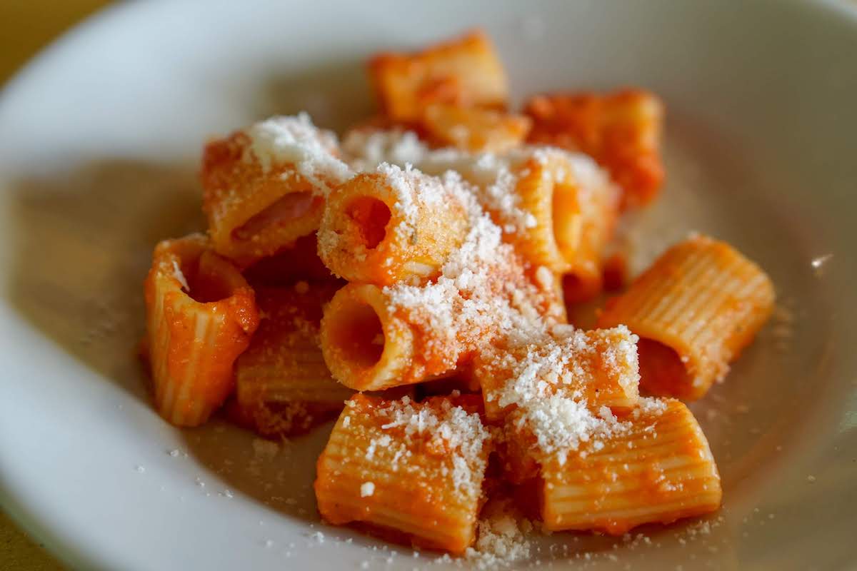 Rigatoni pasta in tomato sauce topped with grated cheese