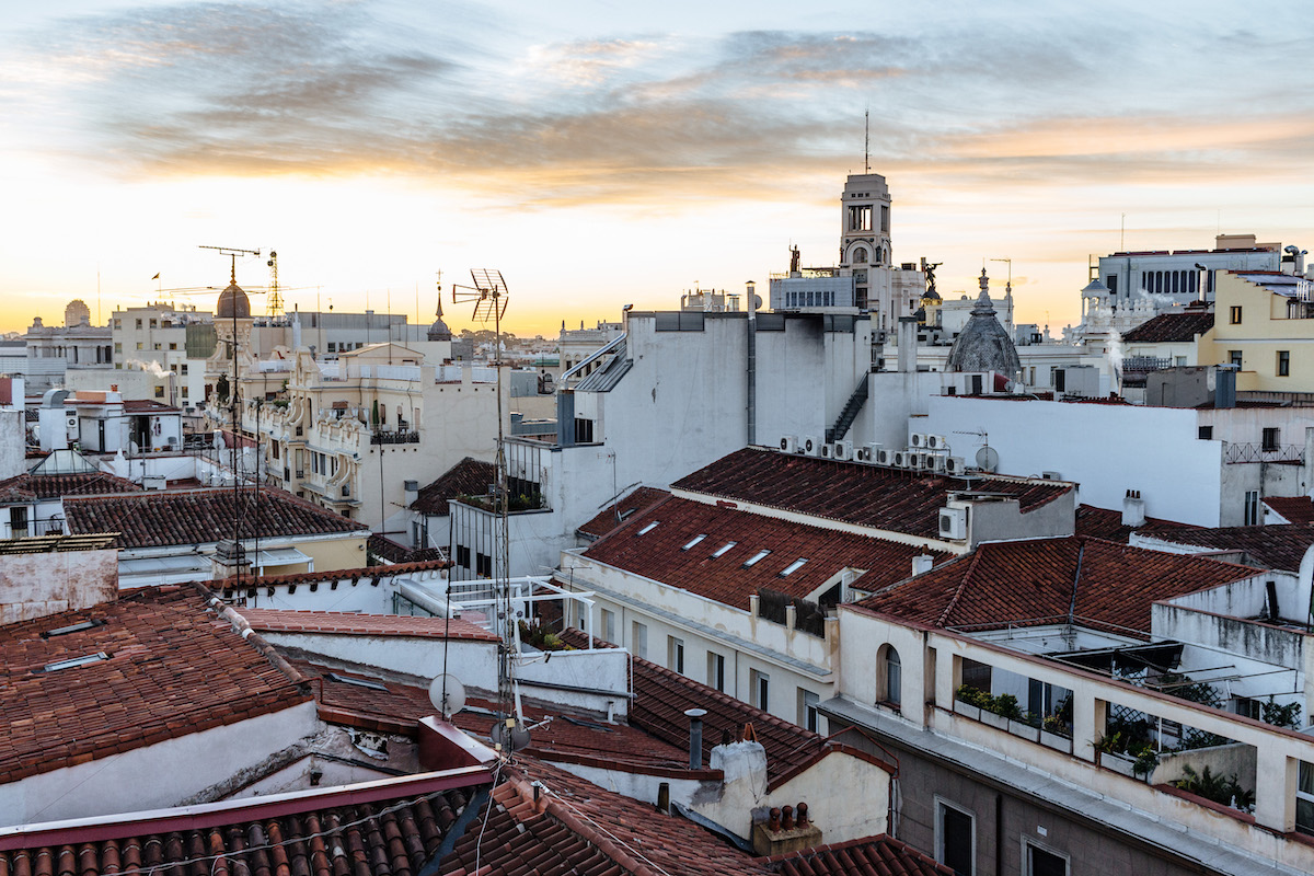 Sunset view of downtown Madrid's skyline