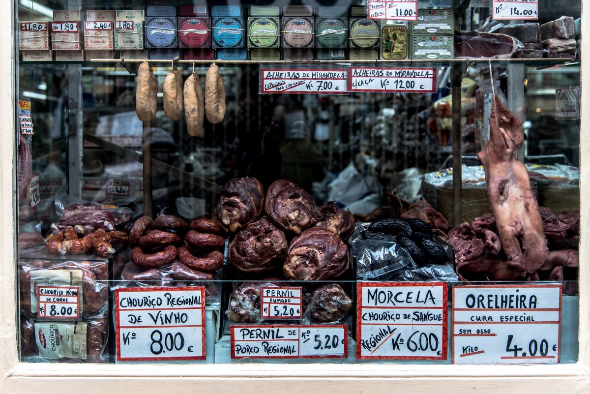 variety of sausage in store front
