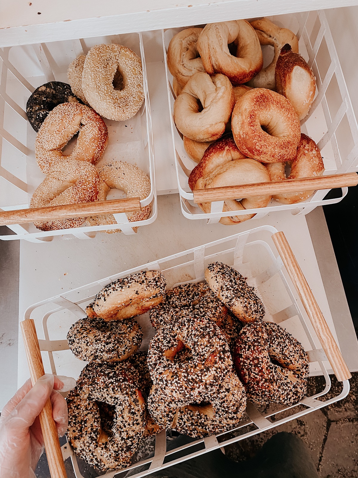 Baskets of different types of bagels