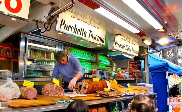 Porchetta: whole roast pig stuffed with garlic, rosemary and fennel, sold at the Testaccio Market.